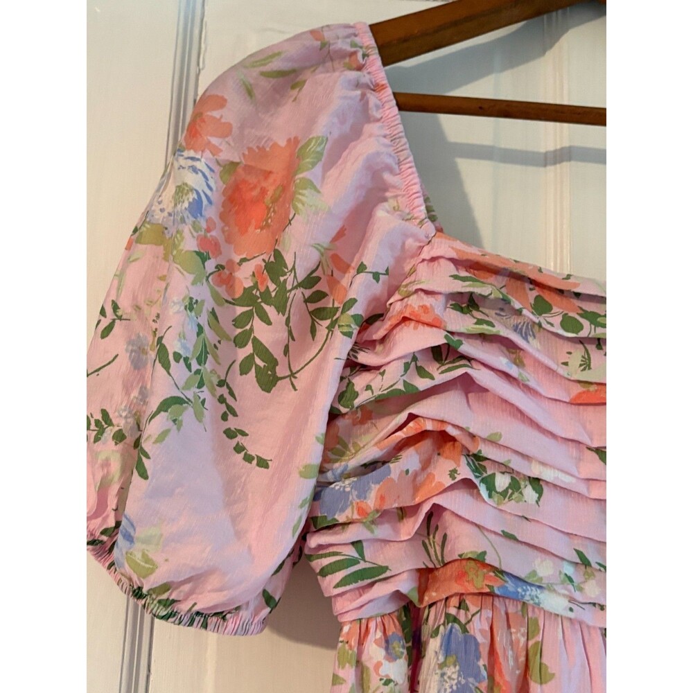 By The River Floral Midi Dress Womens S Pink Puff Sleeve Smocked Cottagecore - Picture 5 of 7